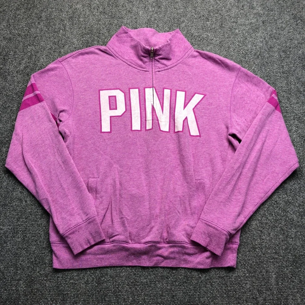 Victorias Secret PINK Quarter Zip Pullover Sweatshirt Purple Logo Small